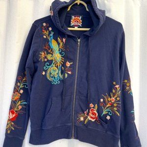 WOW!! Johnny Was Cotton Embroidered Floral Zipped Hooded Jacket Navy Size Small